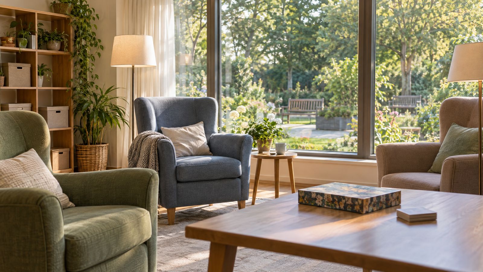 Ein heller Aufenthaltsraum am Nachmittag mit Lesesesseln und Stehlampen vor einem großen Fenster zum Garten mit Bänken, auf dem Holztisch eine geschlossene Spieleschachtel und ein Kartenspiel