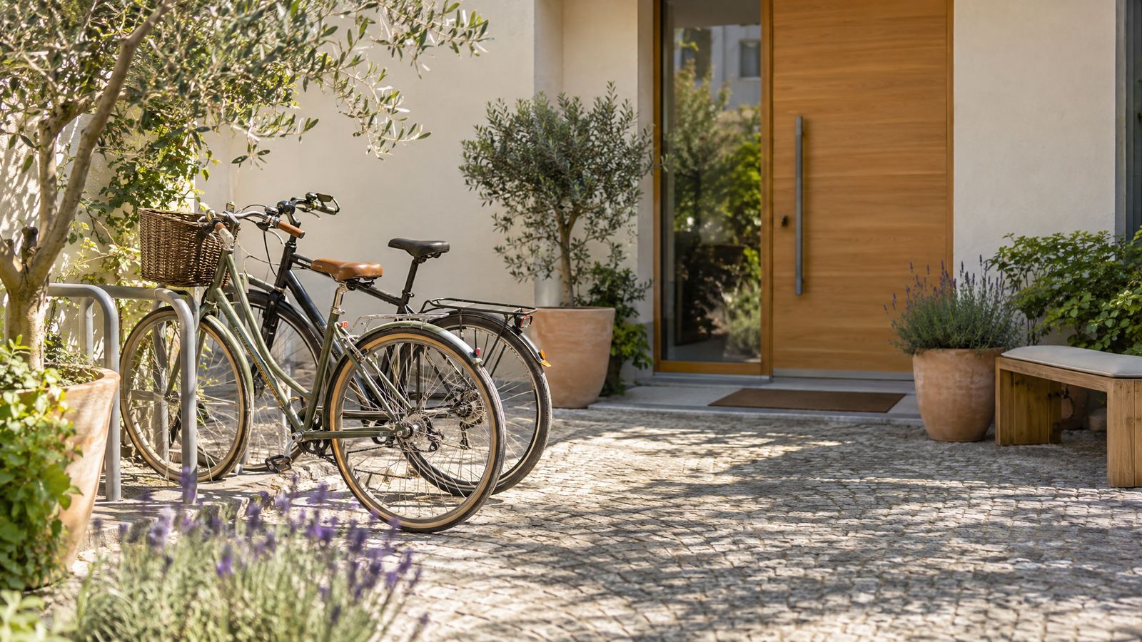Zwei Fahrräder an einem Fahrradständer im sonnigen Innenhof vor der hellen Holztür eines Praxisgebäudes, daneben Olivenbäumchen und Lavendel in Töpfen