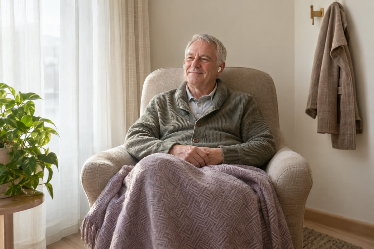 Ein älterer Mann mit Ohrhörern sitzt in einem kleinen hellen Raum in einem Sessel, eine Decke über den Knien, und wartet