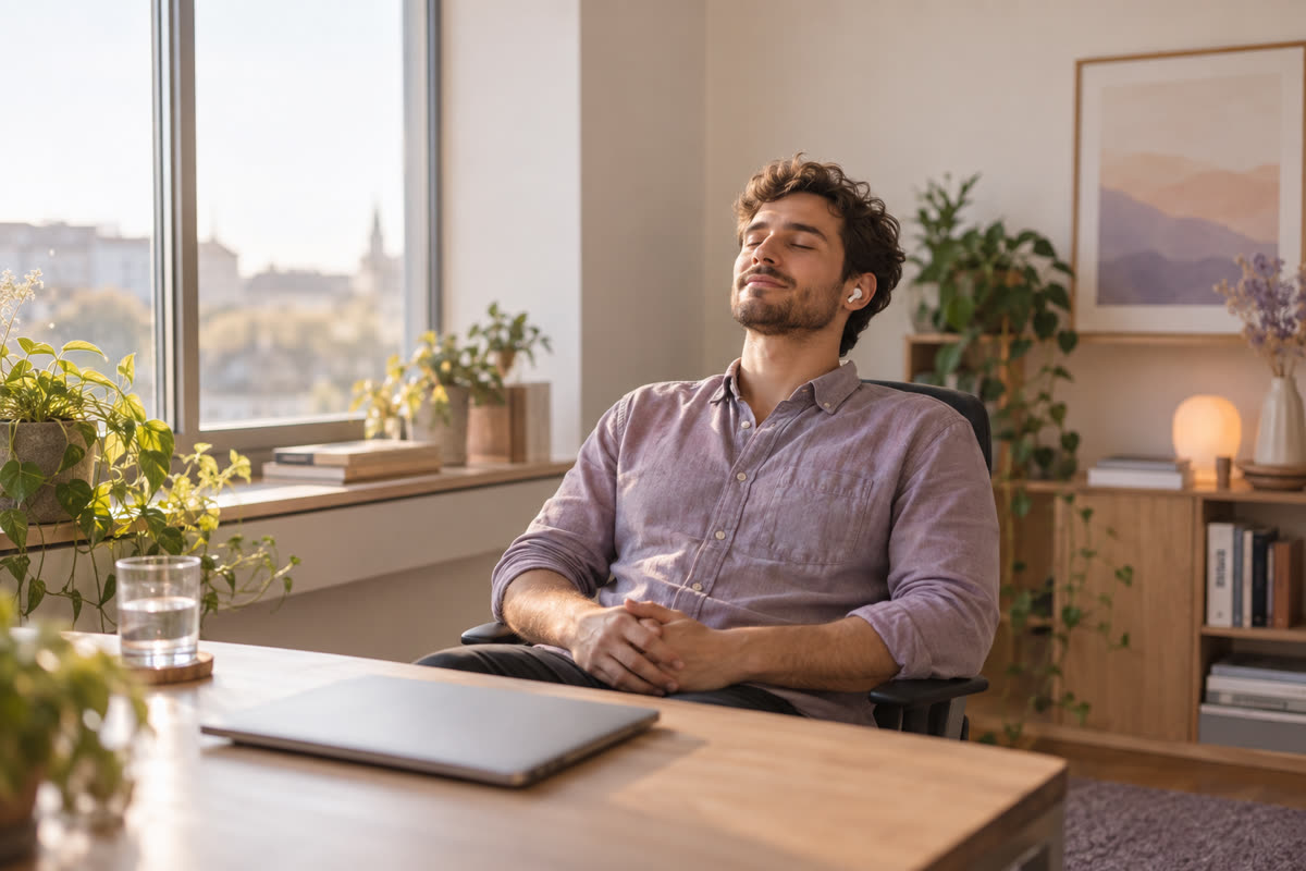 A young man in a light purple shirt leans back in an office chair by a sunny window, eyes closed, a wireless earbud in his ear, hands folded, a closed laptop and a glass of water on the desk.