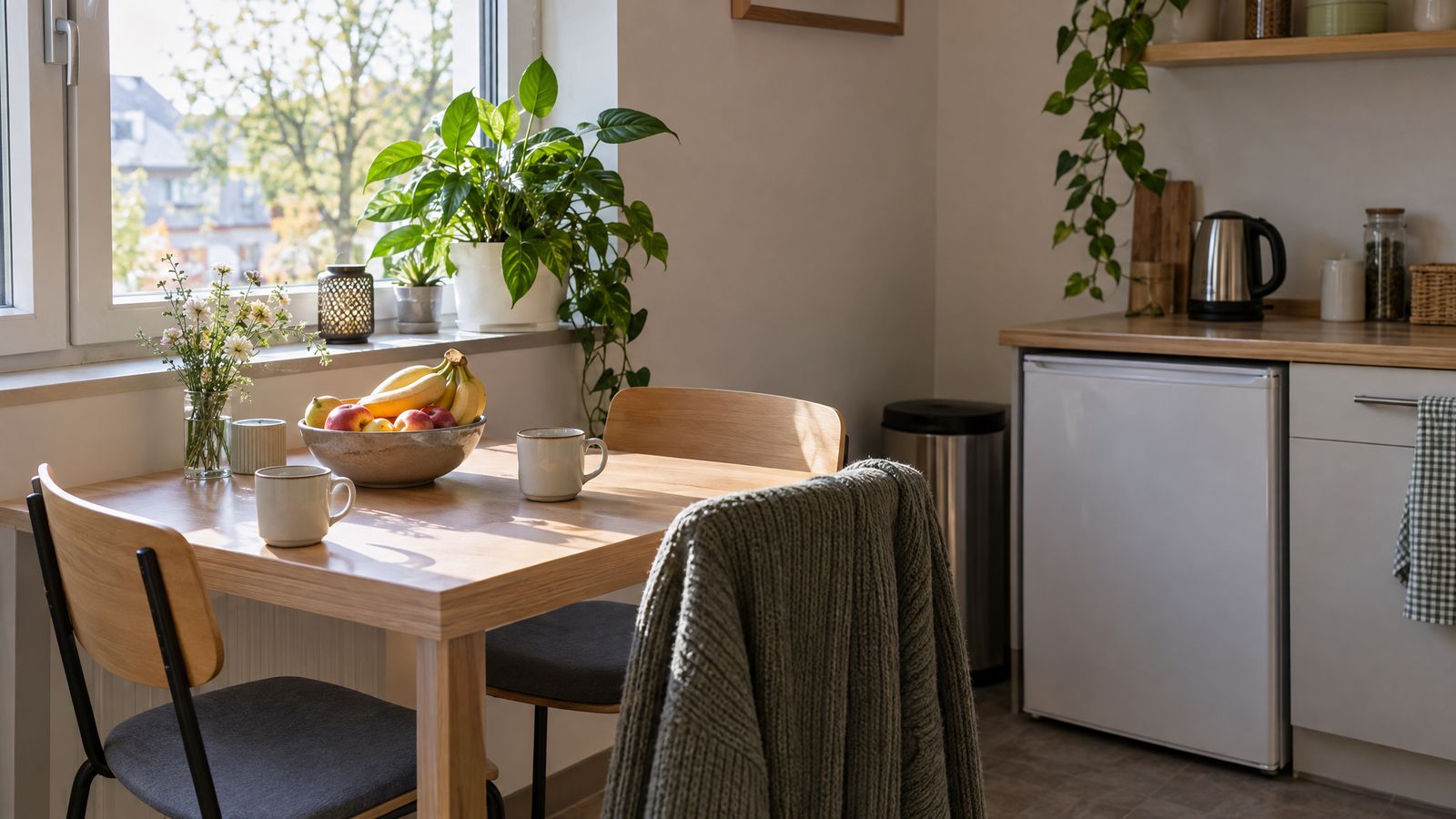 Eine kleine Teeküche mit Holztisch am Fenster, zwei Tassen, einer Obstschale und einer Strickjacke über der Stuhllehne, dahinter Wasserkocher und Kühlschrank