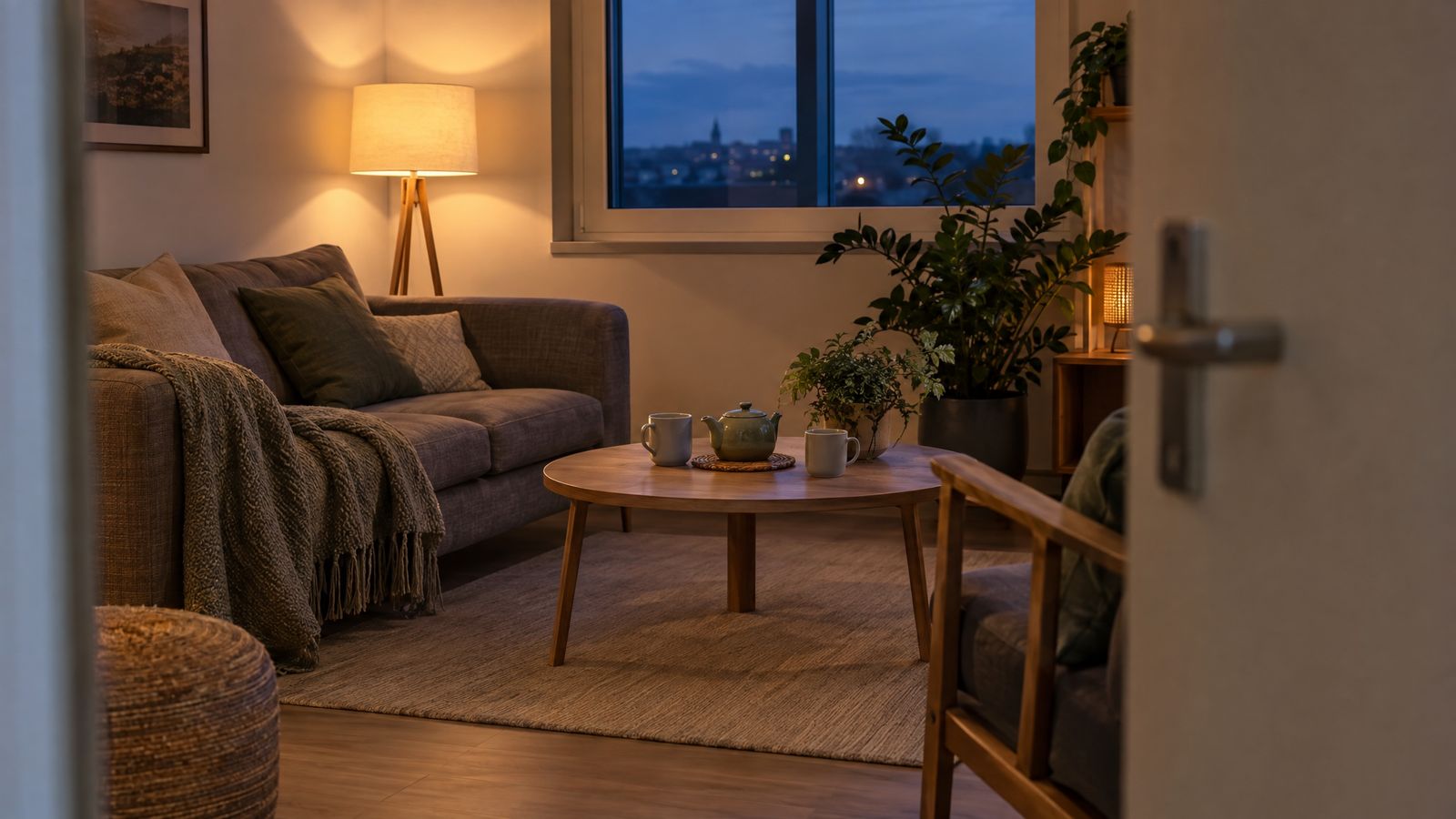 Ein leerer Aufenthaltsraum für das Team am frühen Abend, durch die offene Tür gesehen: Sofa mit Decke, niedriger Holztisch mit zwei Tassen und einer Teekanne, Stehlampe und ein Fenster in der blauen Stunde