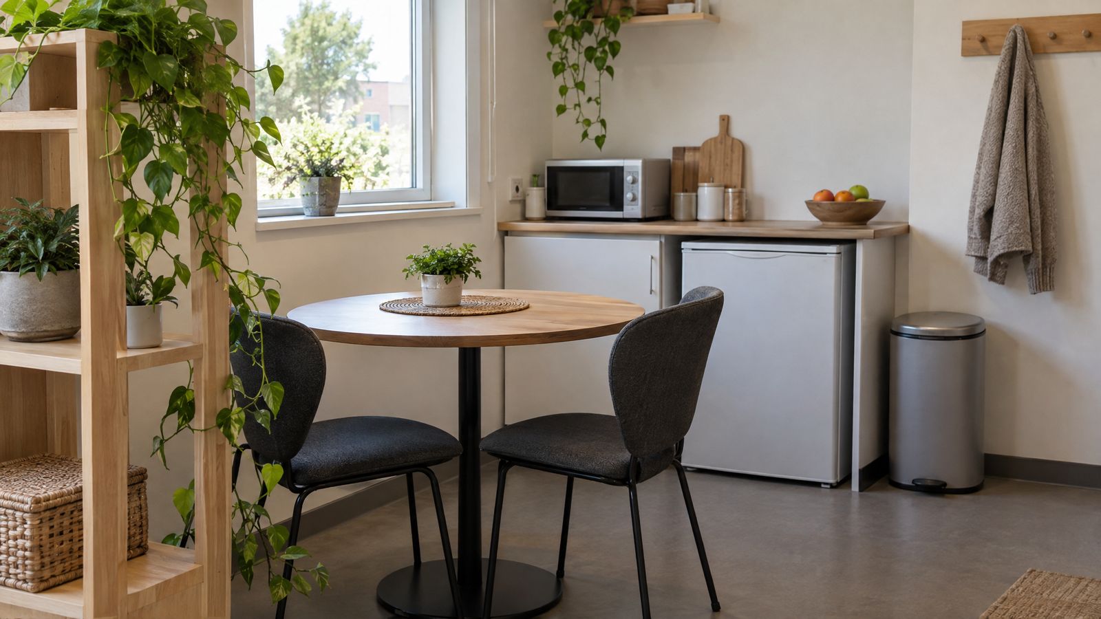 Ein kleiner Pausenbereich hinter einem Holzregal mit Pflanzen: runder Tisch mit zwei Stühlen am Fenster, Kühlschrank, Mikrowelle, Obstschale, Mülleimer mit Deckel und eine Strickjacke am Haken