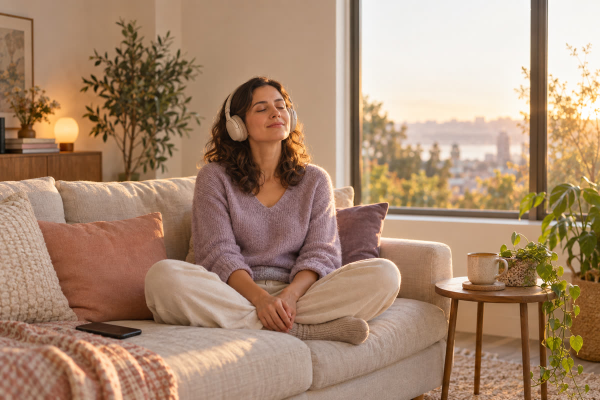 A woman in a lilac sweater sits cross-legged on a sofa by a large window in late golden light, eyes closed, wearing over-ear headphones, her phone face down on a cushion beside her.