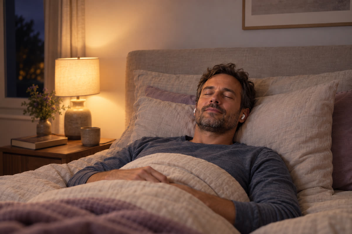 A bearded man lies in bed under a light blanket in the evening, eyes closed, a small wireless earbud in his ear, a lamp glowing on the nightstand next to a book.