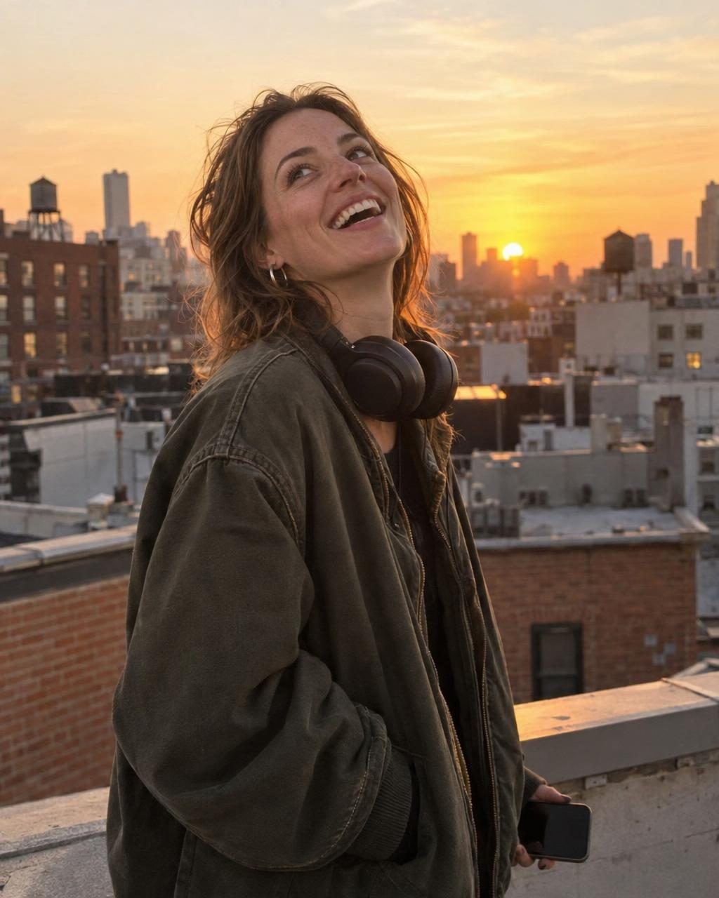 Eine Frau auf einer Dachterrasse im Sonnenuntergang, die Kopfhörer um den Hals, sie lacht