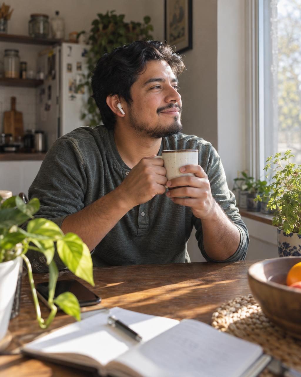 Ein Mann am Küchentisch im Morgenlicht, mit Ohrhörern und Kaffee, lächelt aus dem Fenster