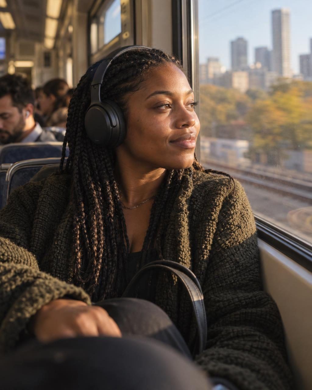 Eine Frau mit Kopfhörern im Zug, sie schaut mit einem leisen Lächeln aus dem Fenster