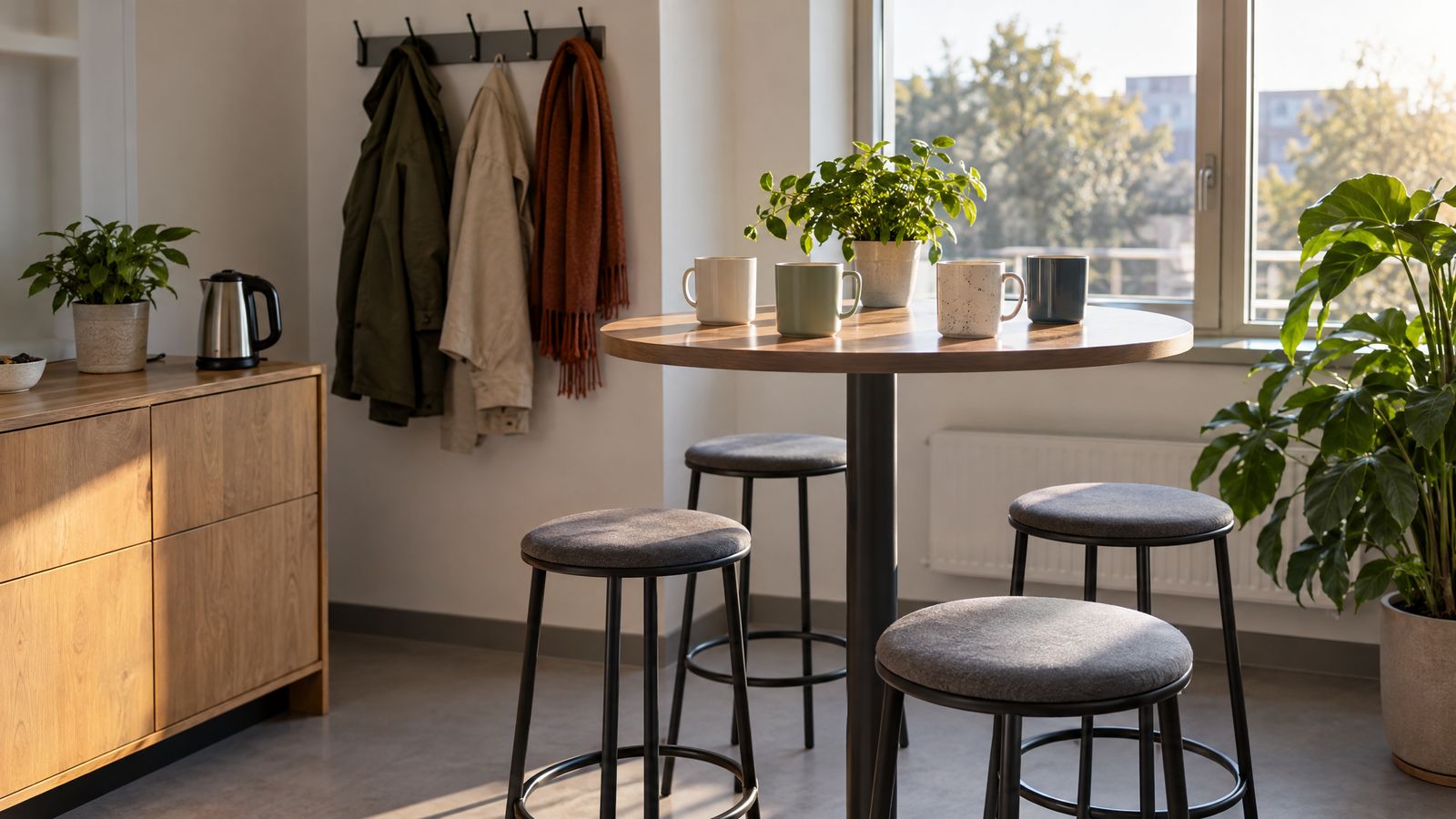 Ein kleiner Teamraum am Morgen mit einem runden Stehtisch am Fenster, darauf vier Kaffeebecher und eine Pflanze, daneben Hocker, Jacken und ein Schal an Wandhaken und ein Holzsideboard mit Wasserkocher
