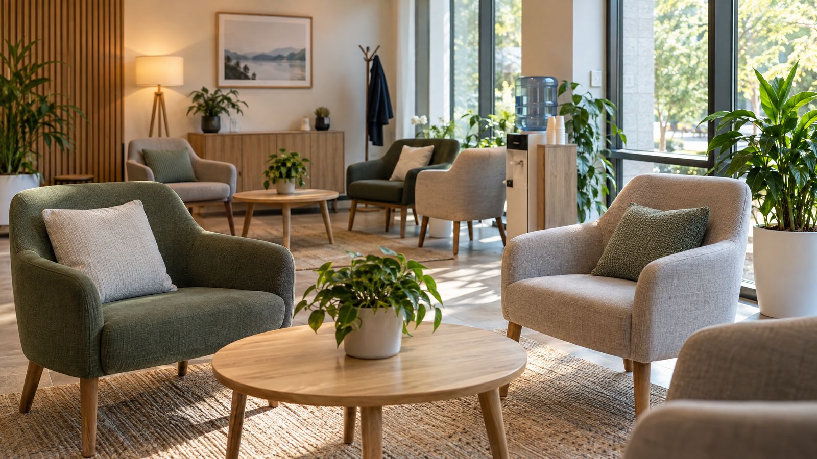 Ein heller, leerer Wartebereich mit Sesseln in kleinen Gruppen, runden Holztischen, Pflanzen, einer Garderobe und einem Wasserspender vor großen Fenstern